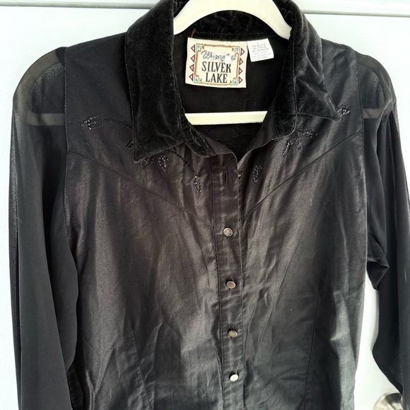 VTG WRANGLER Silver Lake Western Velvet Sheer Long Sleeve Button Down Top L - Picture 1 of 9